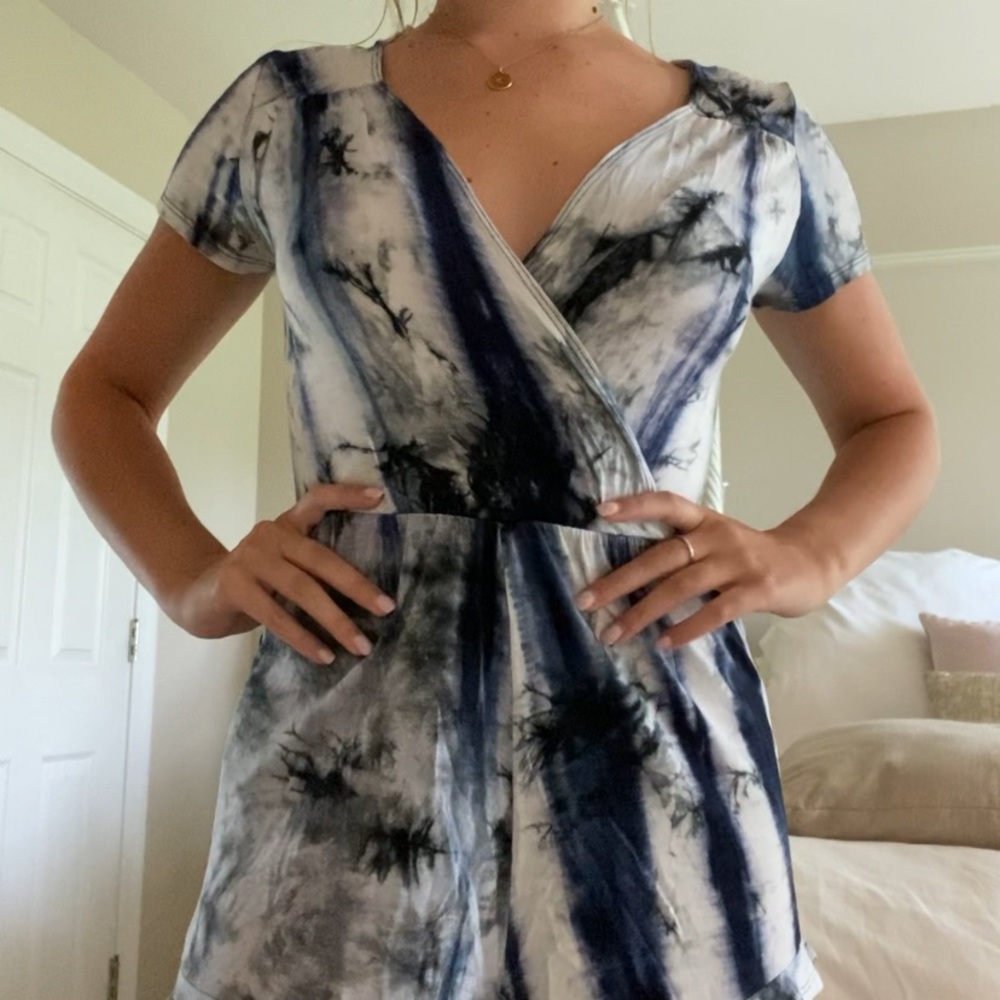 Blue and white tie-dye romper